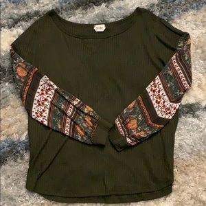 Olive waffle top with tribal print sleeves (Small)